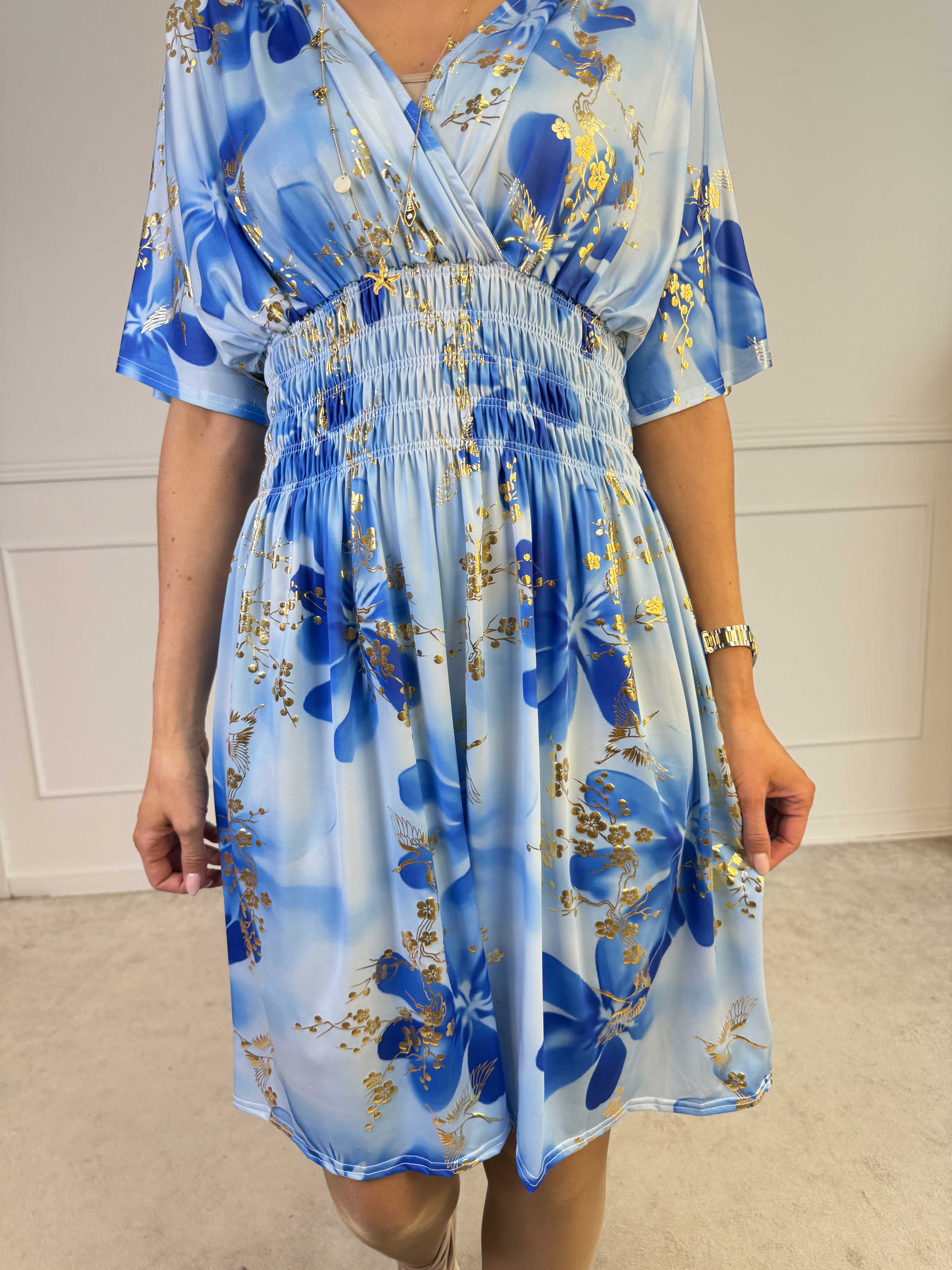 Pams Fleur Short - Elastisk kjole med smock og japansk inspireret gulddetaljer